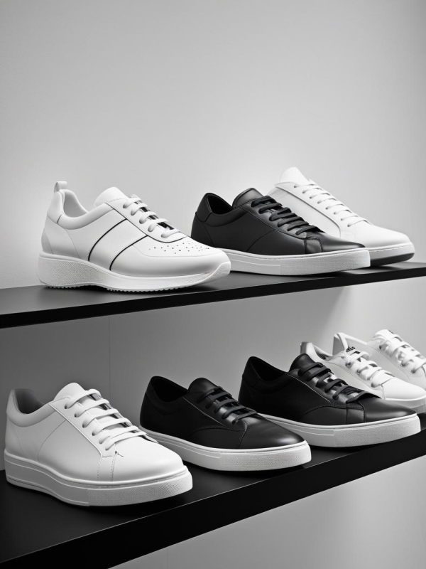 Estantería moderna con tenis blancos y negros de piel exhibidos de manera ordenada en una tienda minimalista.