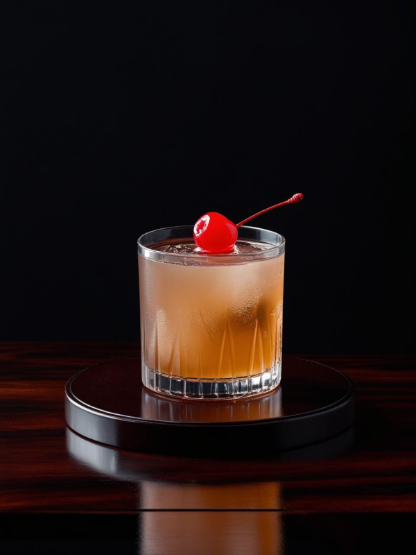 Cóctel elegante servido en vaso corto con cereza roja, ideal para disfrutar con Brandy Tres Cepas.
