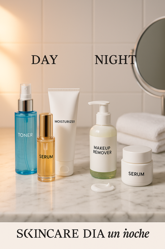 Rutina skincare día y noche con productos esenciales sobre mesa de mármol blanco en ambiente clínico