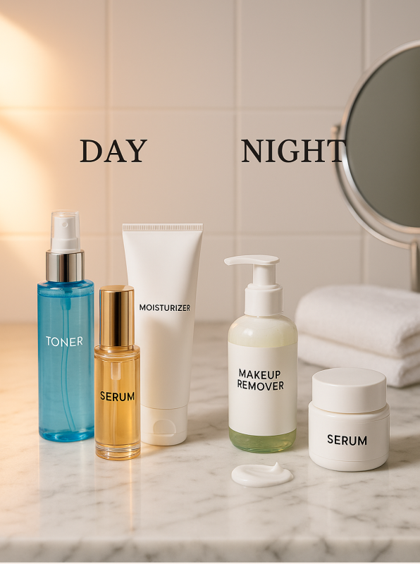 Day and night skincare routine with essential products on a white marble counter in a clinical setting