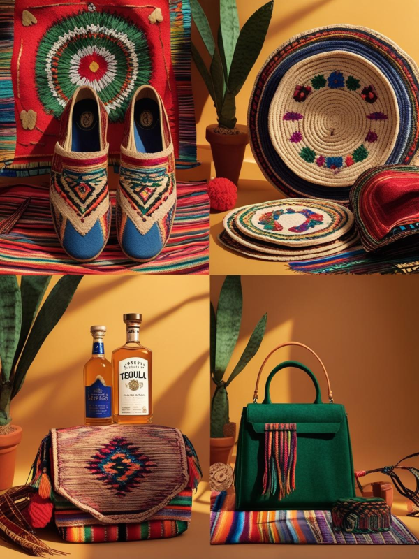 Exposición colorida de producto artesanal mexicano: zapatos bordados, bolsos textiles, sombreros tejidos y botellas de tequila.