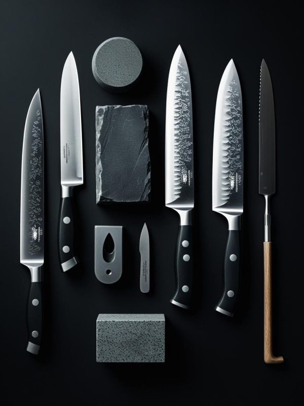 Set de cuchillos de cocina profesionales junto a piedras de afilar y herramientas para mantener el filo.