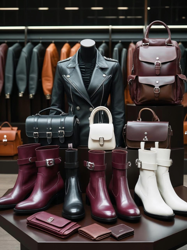 Exhibición de productos de piel trabajada en León incluyendo chamarras, botas, mochilas y carteras sobre mesa de madera oscura en tienda especializada