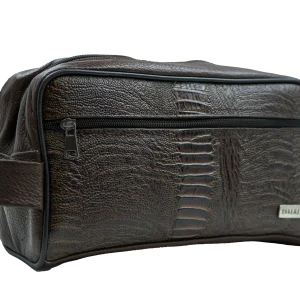 Men's Brown Crocodile-Embossed Pebbled Leather Toiletry Bag