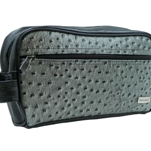Men's Pebble Grain Leather Toiletry Bag with Ostrich Leg Print